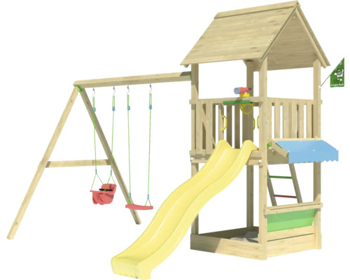 Balançoire double Tour de jeux avec échasses Jungle Gym 383 x 347 cm bois jaune Tour de jeux en bois avec toboggan et balançoire