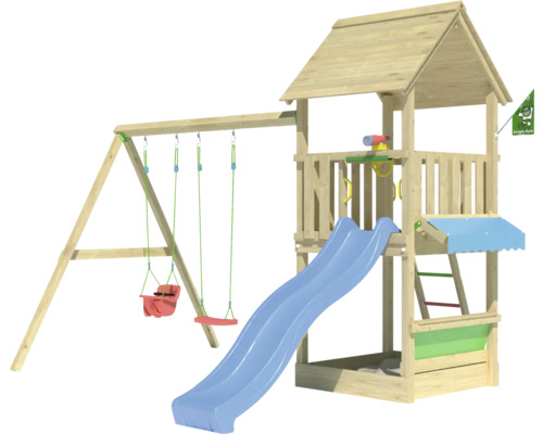 Balançoire double Tour de jeux avec échasses Jungle Gym 383 x 347 cm bois bleu Aire de jeux avec toboggan, balançoire et cabane en bois