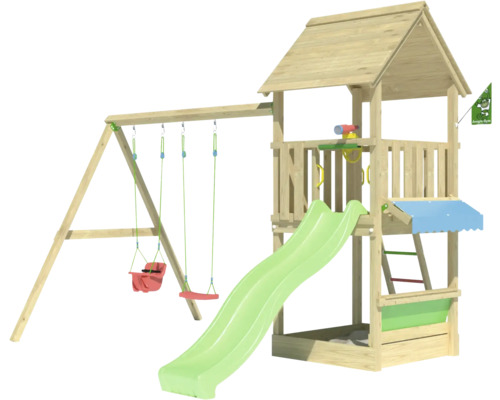 Balançoire double Tour de jeux avec échasses Jungle Gym 383 x 347 cm bois vert Aire de jeux avec balançoire, toboggan et cabane pour l''extérieur