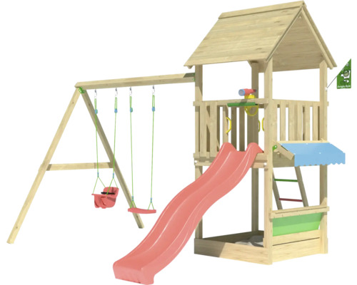 Balançoire double Tour de jeux avec échasses Jungle Gym 383 x 347 cm bois rouge Tour de jeux en bois avec balançoire et toboggan pour le jardin
