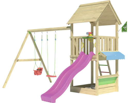 Balançoire double Tour de jeux avec échasses Jungle Gym 383 x 347 cm bois fuchsia Aire de jeux en bois avec balançoire, toboggan et cabane