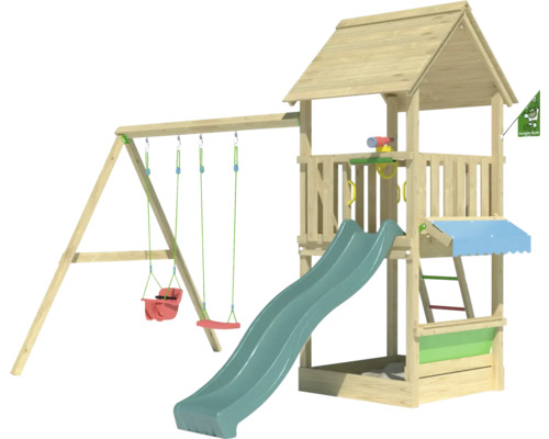 Balançoire double Tour de jeux avec échasses Jungle Gym 383 x 347 cm bois vert foncé