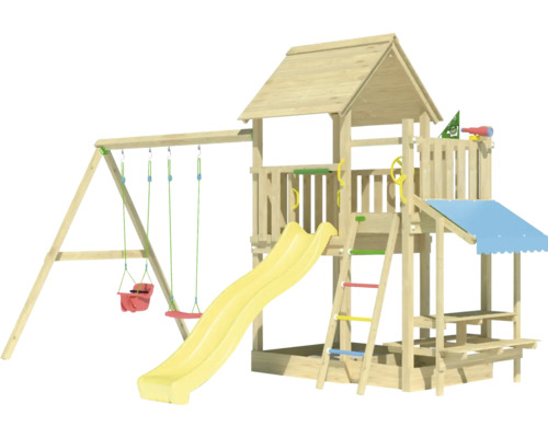 Balançoire double Tour de jeux avec échasses Jungle Gym 476 x 306 cm bois jaune Aire de jeux en bois avec toboggan, balançoire et cabane pour enfants