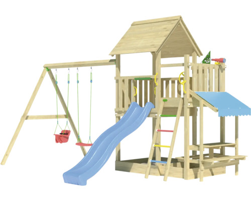Balançoire double Tour de jeux avec échasses Jungle Gym 476 x 306 cm bois bleu Tour de jeux en bois avec toboggan, balançoires et cabane
