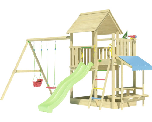 Balançoire double Tour de jeux avec échasses Jungle Gym 476 x 306 cm bois vert Aire de jeux avec toboggan, balançoire et tour de jeu en bois