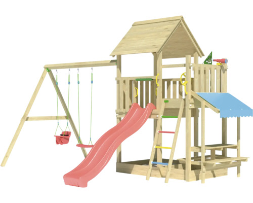 Balançoire double Tour de jeux avec échasses Jungle Gym 476 x 306 cm bois rouge Aire de jeux avec balançoire, toboggan et tour de jeux en bois