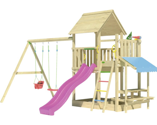 Balançoire double Tour de jeux avec échasses Jungle Gym 476 x 306 cm bois fuchsia Aire de jeux avec balançoire, toboggan, cabane et échelle en bois