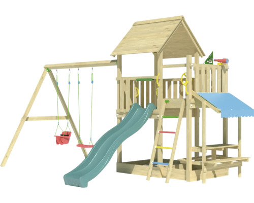 Balançoire double Tour de jeux avec échasses Jungle Gym 476 x 306 cm bois vert foncé