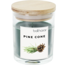 Bougie parfumée Balthasar avec motif de pomme de pin dans un verre avec couvercle en bois
