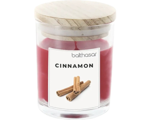 Bougie parfumée à la cannelle Balthasar dans un verre avec couvercle en bois