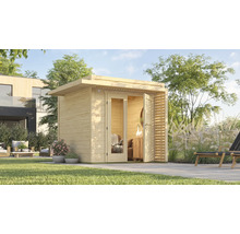 Abri de jardin moderne en bois avec portes vitrées sur une pelouse