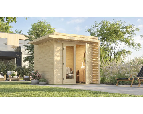 Abri de jardin weka Amberley 19 mm 289 x 289 cm naturel Abri de jardin moderne en bois avec portes vitrées sur une pelouse