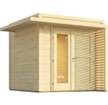 Sauna en bois avec porte en verre et treillis latéral en bois
