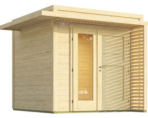 Sauna en bois avec porte en verre et treillis latéral en bois