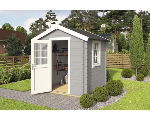 Abri de jardin gris avec porte ouverte et outils de jardin à l''intérieur.