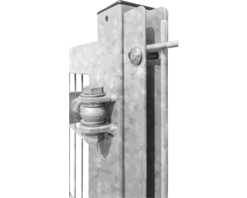 Zaunanschluss-Set Premium Zaunhöhe 120 cm feuerverzinkt Detailaufnahme eines Zaunpfostens mit Torbefestigung aus Metall