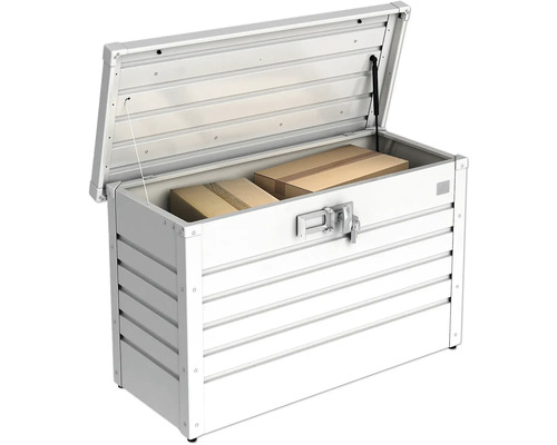 Coffre de rangement ouvert et verrouillable en aluminium avec des cartons