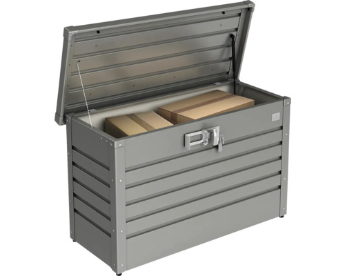 Geöffnete graue Gartenbox aus Metall mit zwei Kartons