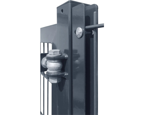 Zaunanschluss-Set Premium Zaunhöhe 120 cm anthrazit Detailansicht eines Metallzaunpfostens mit Befestigungsbeschlägen und Schrauben