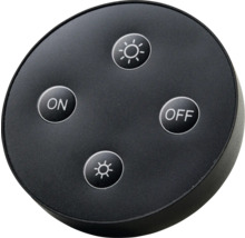 Télécommande noire avec boutons pour allumer, éteindre et régler la luminosité.