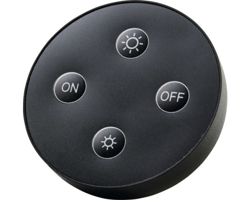 Télécommande Sonava Light LED avec fonction variation Télécommande noire avec boutons pour allumer, éteindre et régler la luminosité.