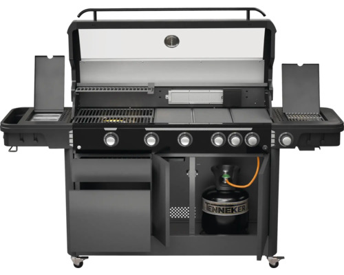 Barbecue à gaz avec capot ouvert et bouteille de gaz