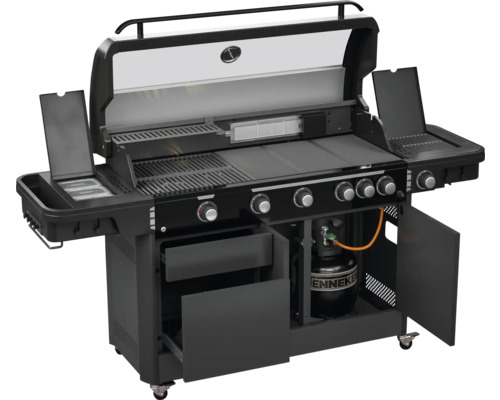 Barbecue à gaz noir avec plusieurs brûleurs, tables latérales et espace de rangement pour bouteille de gaz.