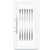 Weisse Haustür mit vertikalen Streifen aus Glas