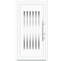 Weisse Haustür mit geraden, vertikalen Glaseinsätzen und Edelstahlgriff