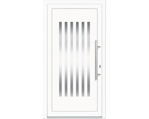 Weisse Haustür mit geraden, vertikalen Glaseinsätzen und Edelstahlgriff