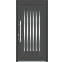 Graue Haustür mit senkrechten Glaseinsätzen und Edelstahlgriff