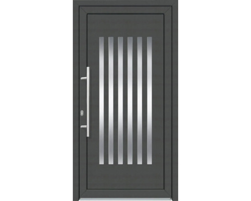 Graue Haustür mit senkrechten Glaseinsätzen und Edelstahlgriff