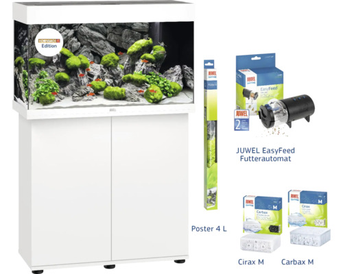 Set complet pour aquarium avec meuble bas, distributeur automatique de nourriture, poster et masses filtrantes