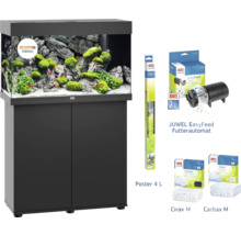 Ensemble aquarium avec accessoires : aquarium, meuble bas, distributeur automatique de nourriture Juwel EasyFeed, poster Juwel 4, Juwel Cirax M et Juwel Carbax M