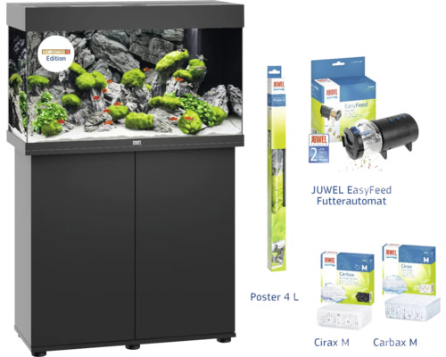 Ensemble aquarium avec accessoires : aquarium, meuble bas, distributeur automatique de nourriture Juwel EasyFeed, poster Juwel 4, Juwel Cirax M et Juwel Carbax M