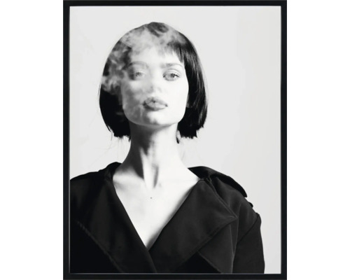 Gerahmtes Bild schwarz weiss Frau I 40x50 cm Dekoratives Bild mit Frau und Rauch im schwarzen Rahmen