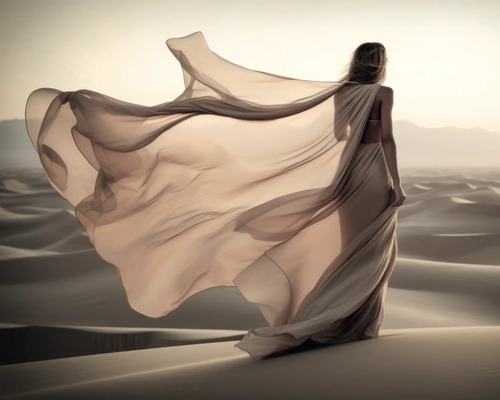 Panneau décoratif Femme dorée dans le désert 50x40 cm Une femme avec une robe fluide se tient dans un désert.