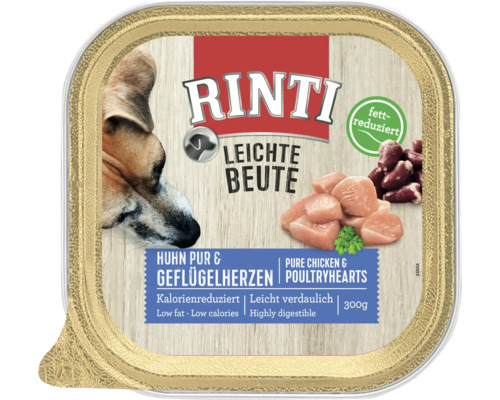 Rinti Leichte Beute Hühnchen pur und Geflügelherzen, fettreduziertes Hundefutter in einer 300 Gramm Schale