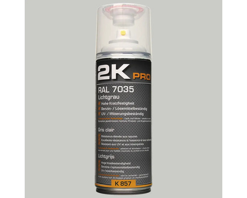 Laque en aérosol 2K PRO brillant RAL 7035 gris clair 400 ml Aérosol 2K Pro gris clair RAL 7035 avec une résistance élevée aux rayures, une résistance à l''essence et aux solvants, ainsi qu''une résistance aux UV et aux intempéries