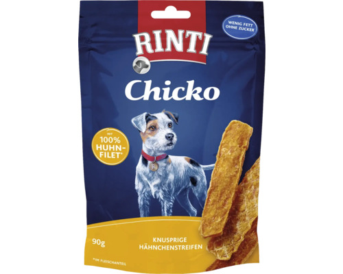 En-cas pour chiens Rinti Snacks Chicko poulet 90 g Rinti Chicko snack pour chien aux lanières de poulet en emballage de 90 grammes