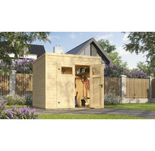 Abri de jardin en bois avec portes doubles ouvertes et outils de jardin