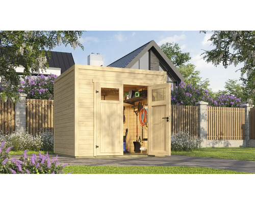 Abri de jardin Weka Batu 2 250 x 257,5 cm naturel Abri de jardin en bois avec portes doubles ouvertes et outils de jardin