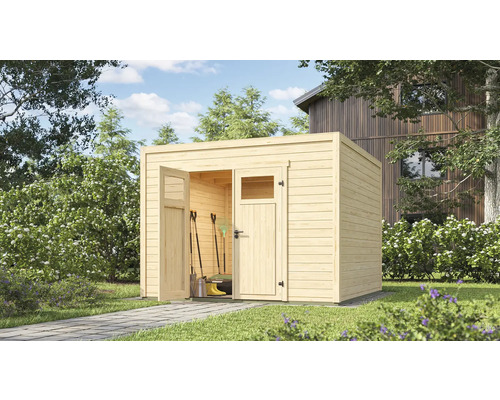 Abri de jardin en bois avec portes ouvertes dans un jardin