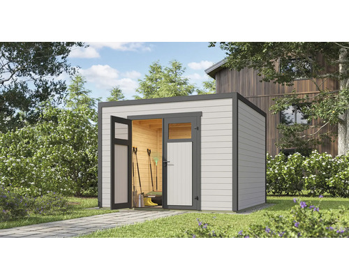 Abri de jardin weka Batu 3 300 x 307,4 cm gris clair Abri de jardin moderne en bois avec porte ouverte dans le jardin.