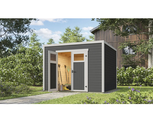 Abri de jardin weka Batu 3 300 x 307,4 cm anthracite Abri de jardin moderne avec porte ouverte dans le jardin