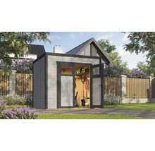 Abri de jardin avec portes doubles ouvertes et outils de jardin à l'intérieur