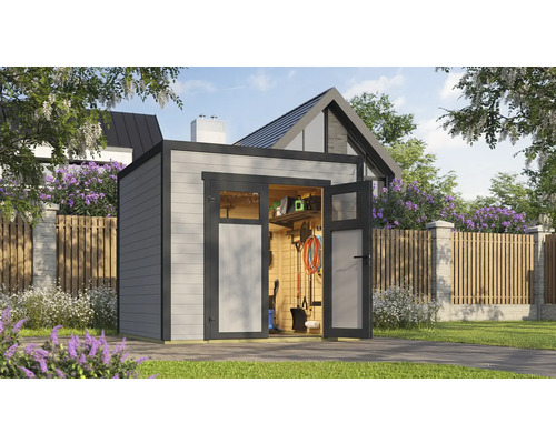 Abri de jardin avec portes doubles ouvertes et outils de jardin à l'intérieur