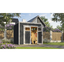 Abri de jardin avec portes doubles ouvertes et outils de jardin