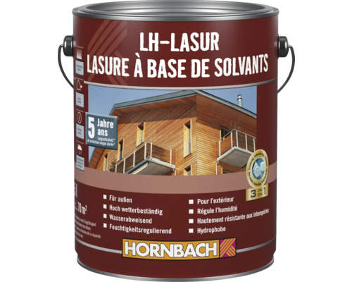 Farbeimer mit lösemittelbasierter LH-Lasur für den Außenbereich, feuchtigkeitsregulierend, wasserabweisend und hochwetterbeständig mit Hornbach Logo