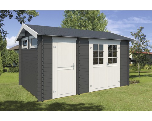 Abri de jardin avec fenêtre et porte double dans le jardin